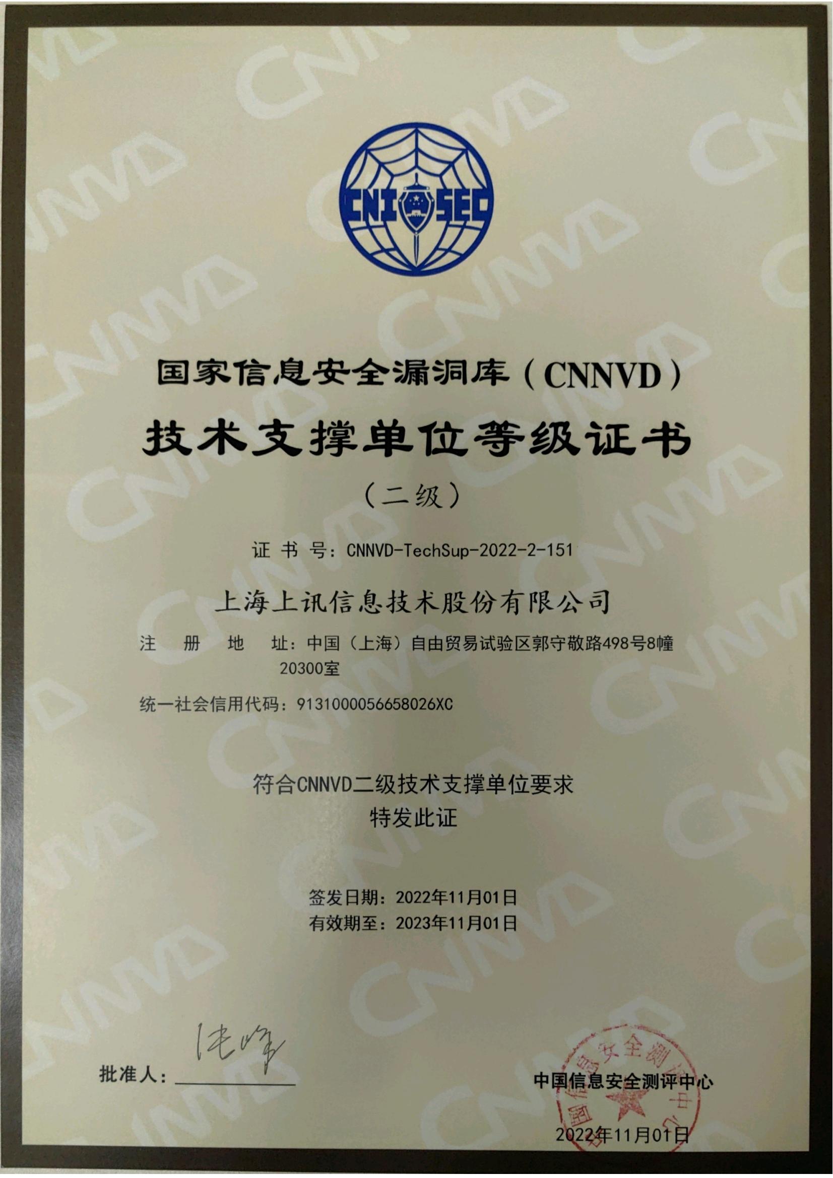 CNNVD技术支撑单位等级证书（二级）
